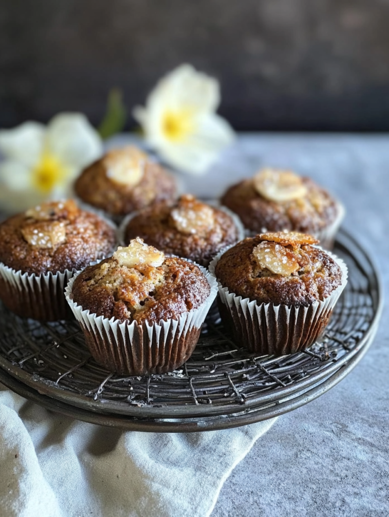 Zuckerfreie Marmor-Bananen-Muffins frisch gebacken auf einem Holzbrett