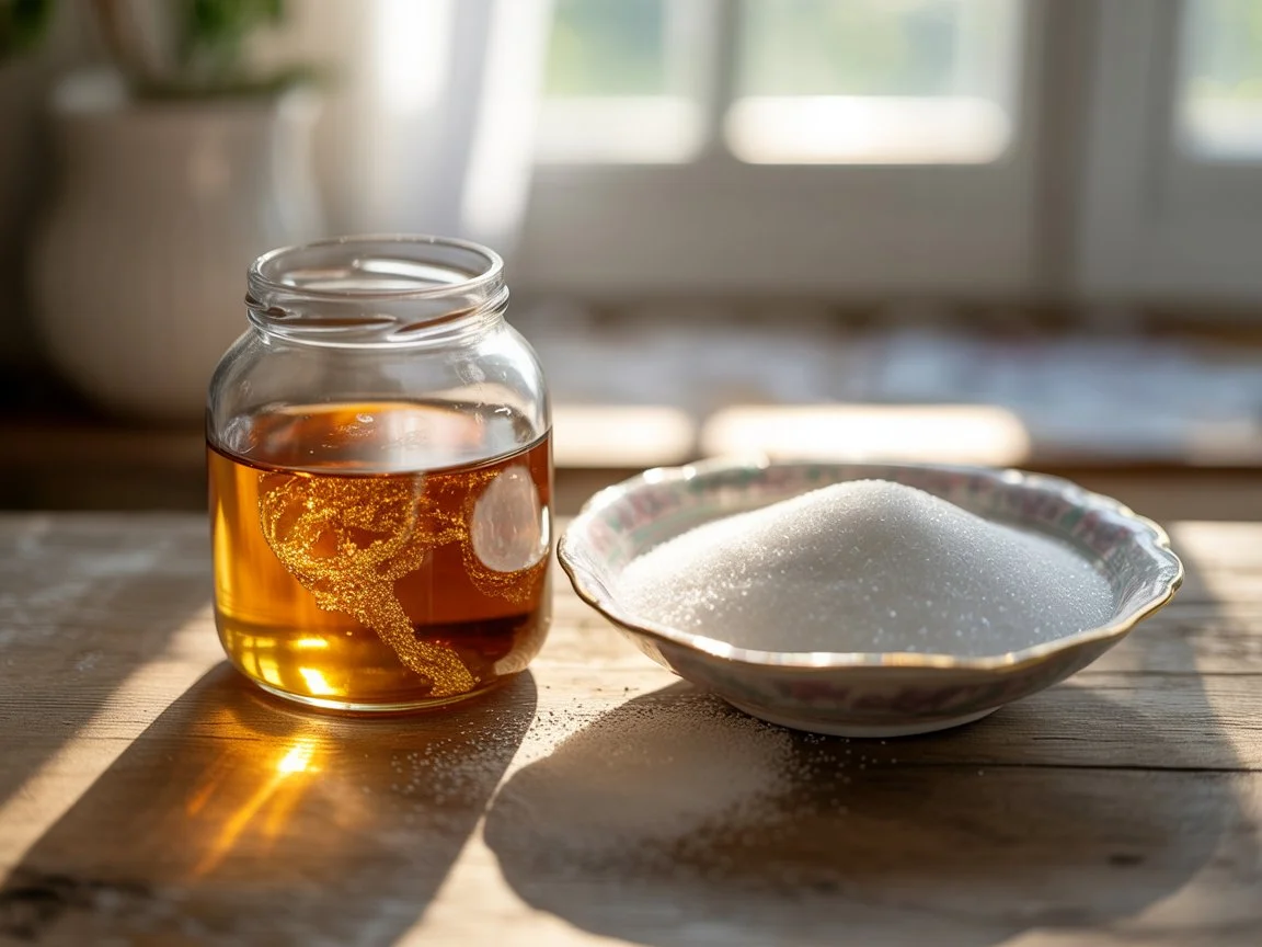 Glänzender goldener Inversionszucker im Vergleich zu kristallinem weißen Zucker – natürliche Alternativen für gesünderes Backen