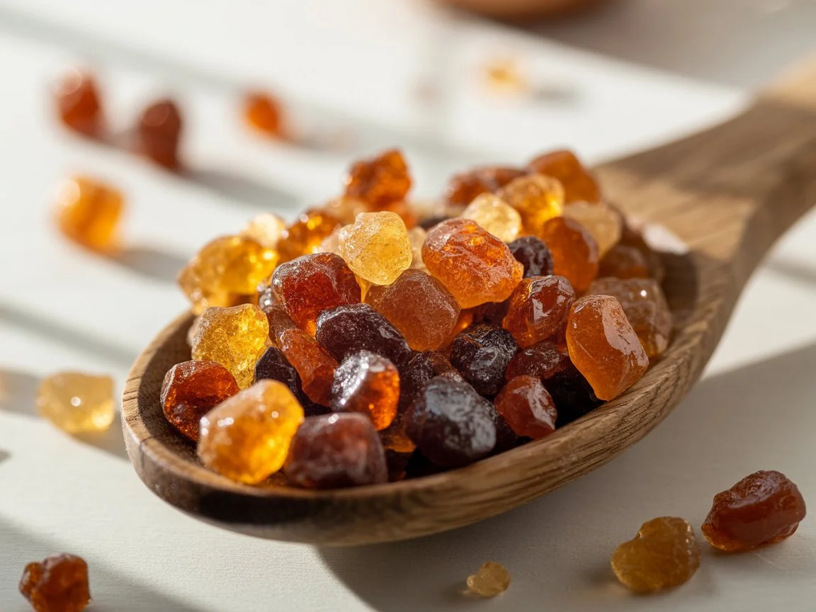 Heller und dunkler Muscovado Zucker auf einem Holzlöffel - natürliche Zuckerarten mit unterschiedlichen Karamellnoten und Mineralstoffgehalt