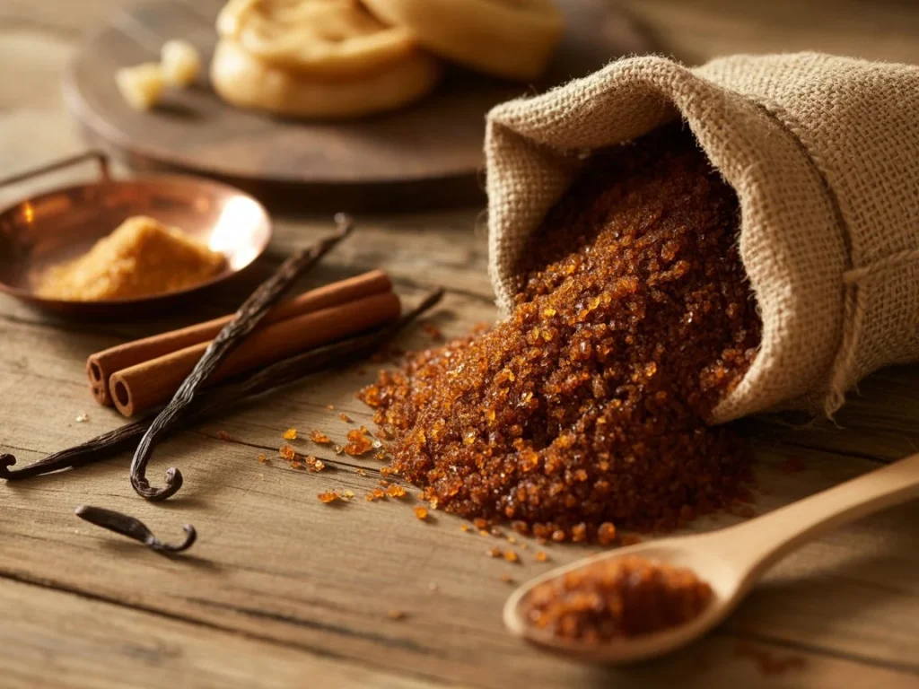 Natürlicher Muscovado Zucker auf rustikalem Holztisch mit traditionellen Backzutaten und Werkzeugen - unraffinierte süße Alternative für bewusste Ernährung