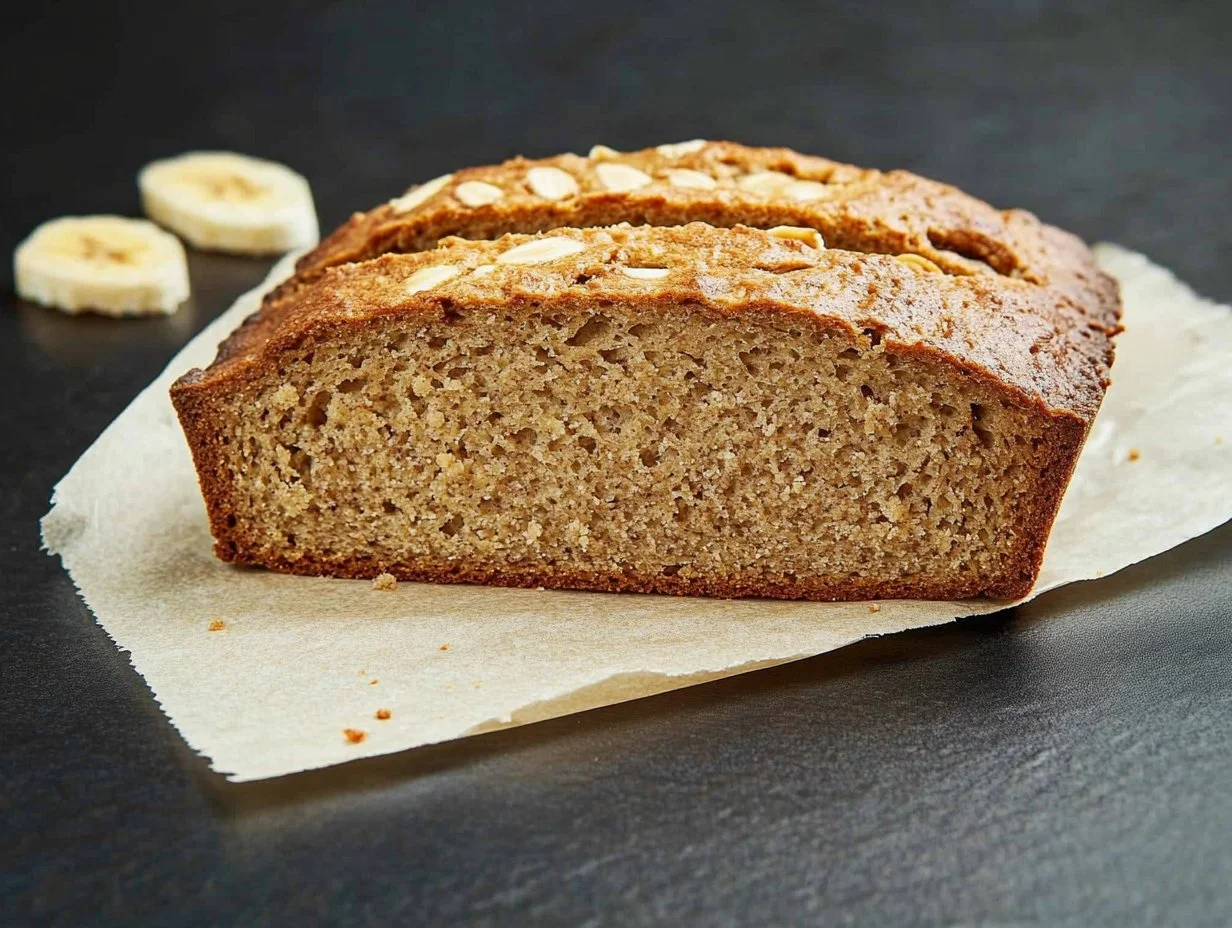 Scheibe von frisch gebackenem Bananenbrot auf einem Holzbrett