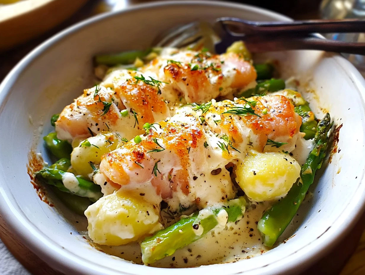 Grüner Spargel mit Lachs & Gnocchi aus dem Ofen
