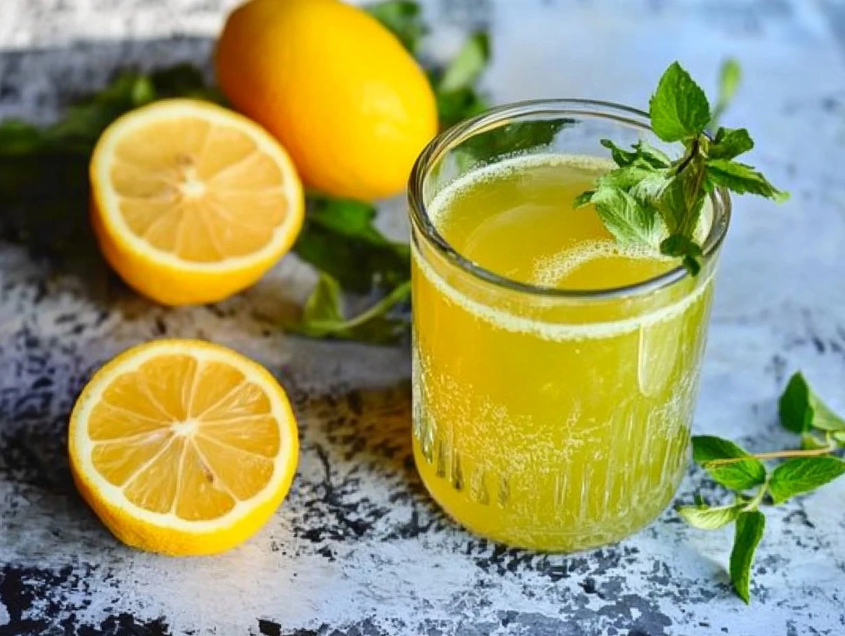 Erfrischender Zitronensirup in einer Glasflasche mit frischen Zitronen
