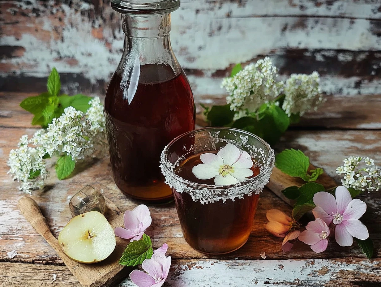 Flasche mit Holunderblütensirup ohne Zucker auf einem Tisch