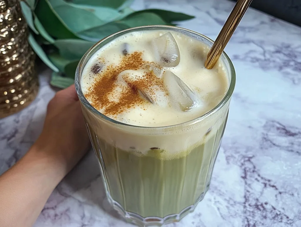 Erfrischendes Iced Matcha Latte in einem Glas mit Eiswürfeln