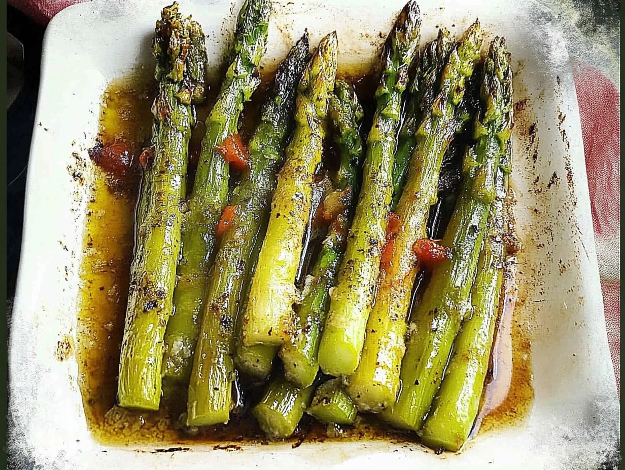 Ofengebackener grüner Spargel im Backblech, frisch und appetitlich angerichtet.