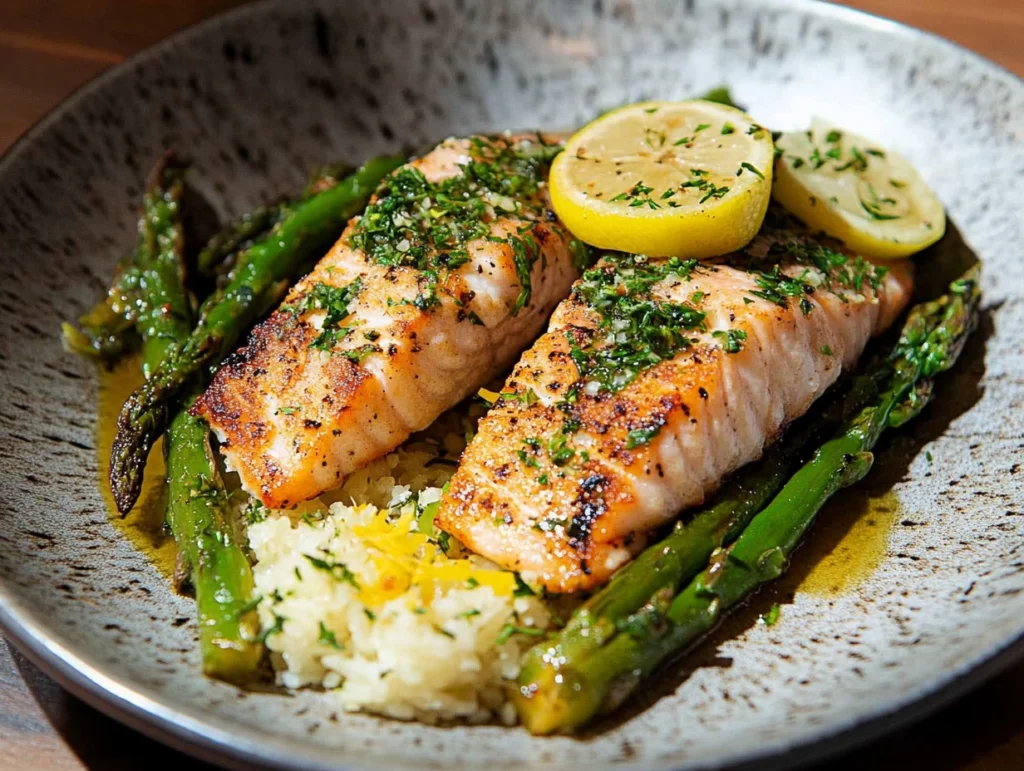Ofengericht mit Lachs und grünem Spargel auf einem weißen Teller