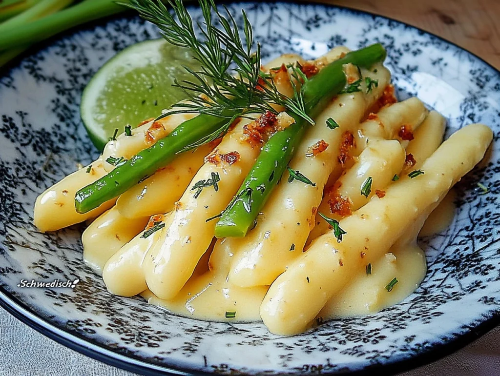 Schwedischer Spargel mit Hollandaise und Garnelen auf einem Teller angerichtet
