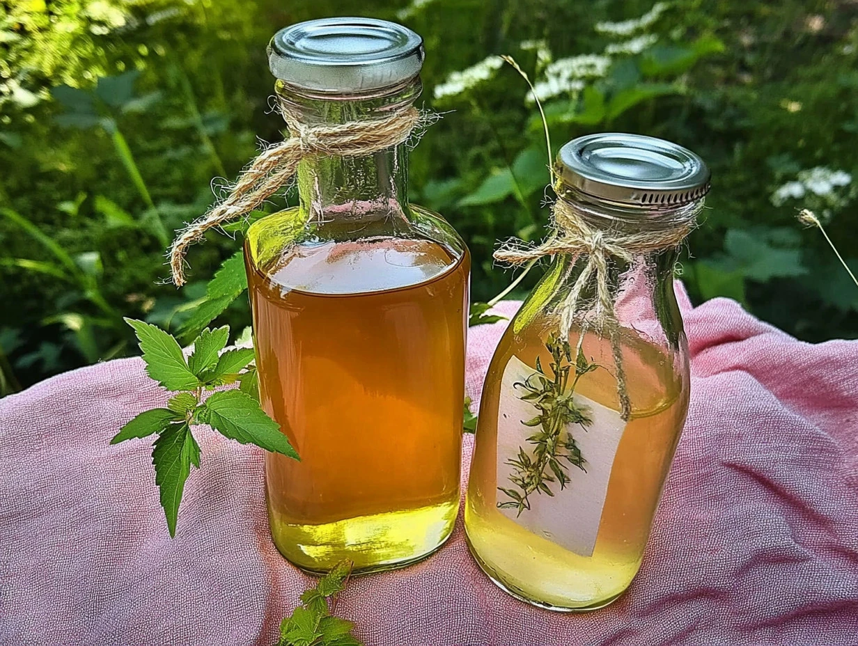 Flasche mit Waldmeistersirup auf einem rustikalen Holzuntergrund