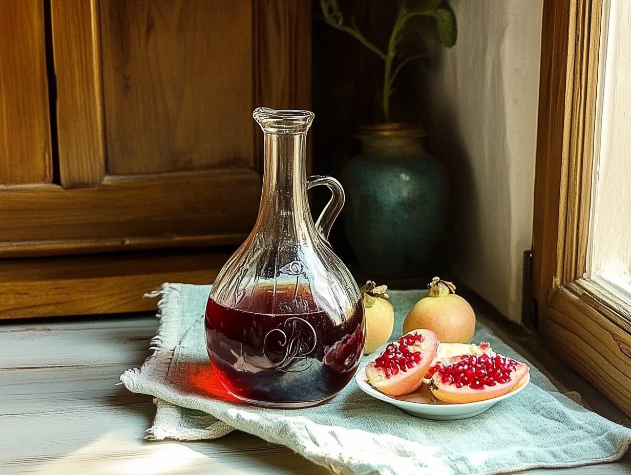Zuckerfreier Granatapfel-Sirup in einer Glasflasche mit frischen Granatäpfeln.