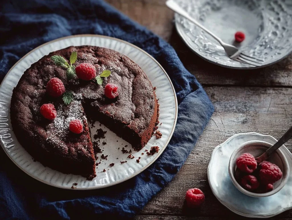 Zuckerfreier Schokokuchen auf einem Teller mit frischen Früchten