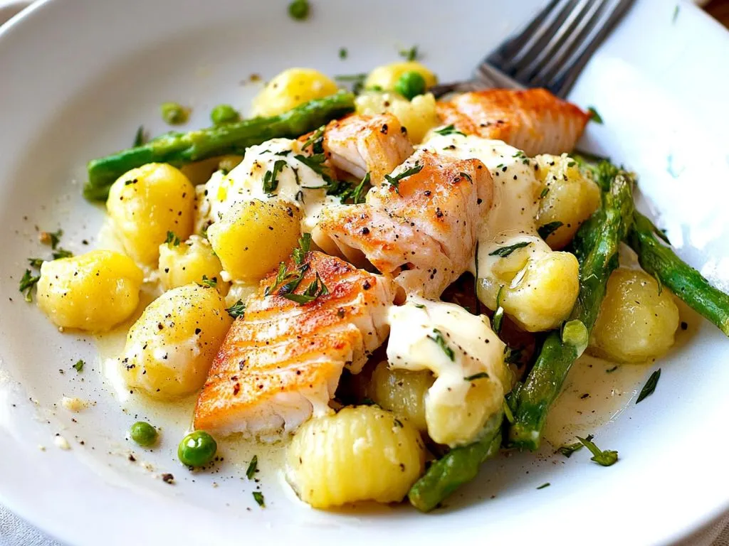 Grüner Spargel mit Lachs & Gnocchi aus dem Ofen