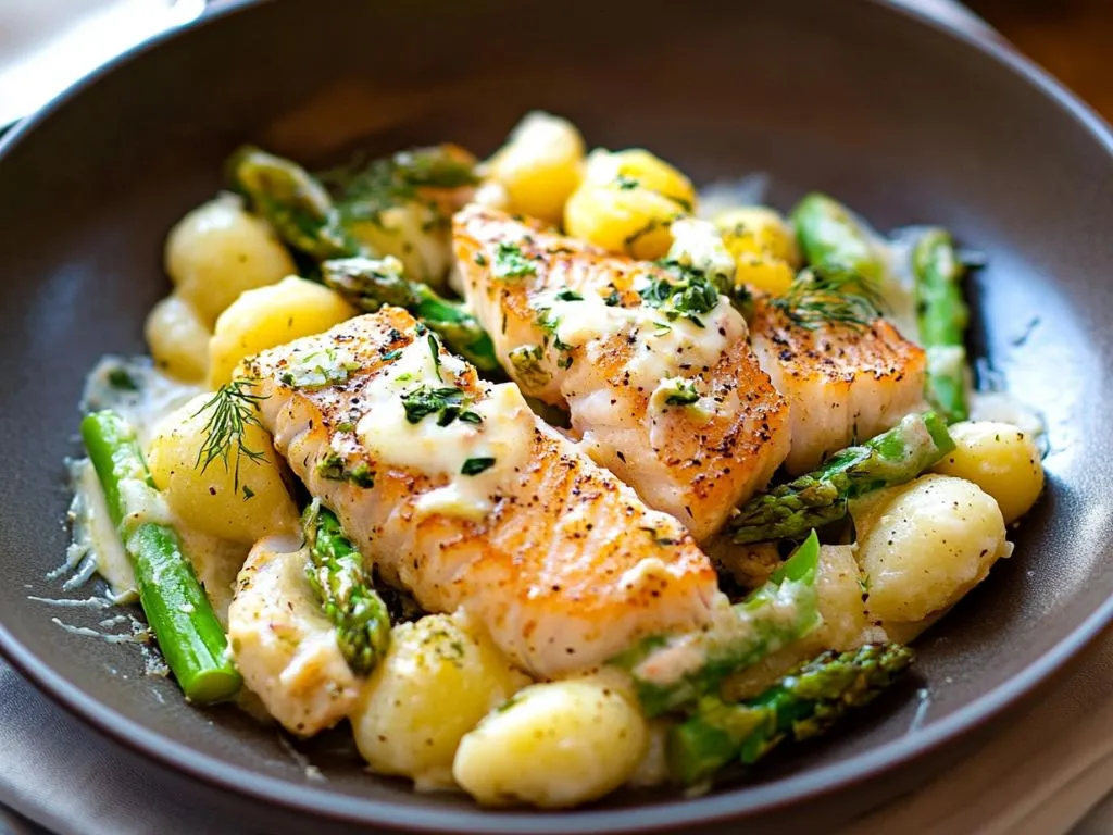 Grüner Spargel mit Lachs & Gnocchi aus dem Ofen